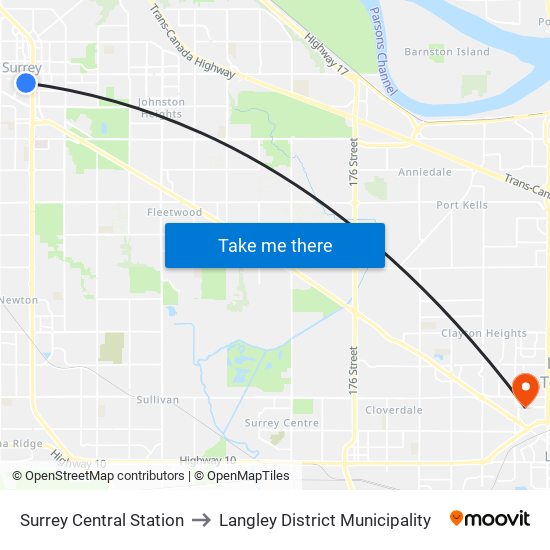 Surrey Central Station to Langley District Municipality map