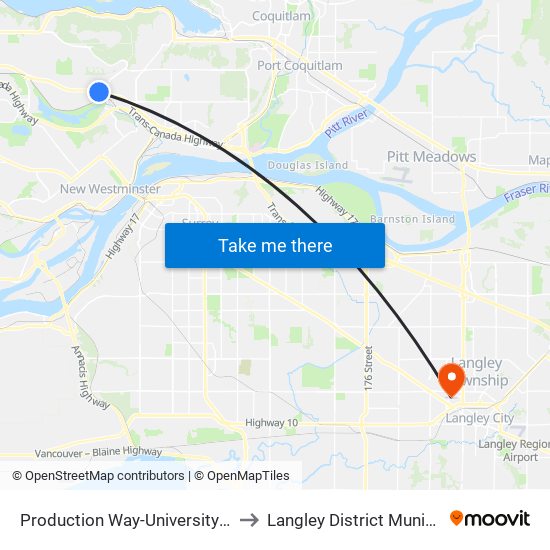 Production Way-University Station to Langley District Municipality map