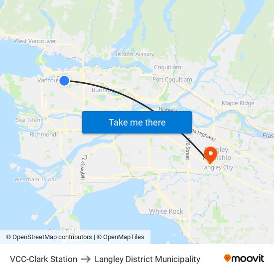 VCC-Clark Station to Langley District Municipality map