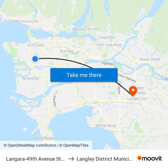 Langara-49th Avenue Station to Langley District Municipality map