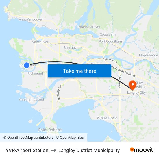 YVR-Airport Station to Langley District Municipality map