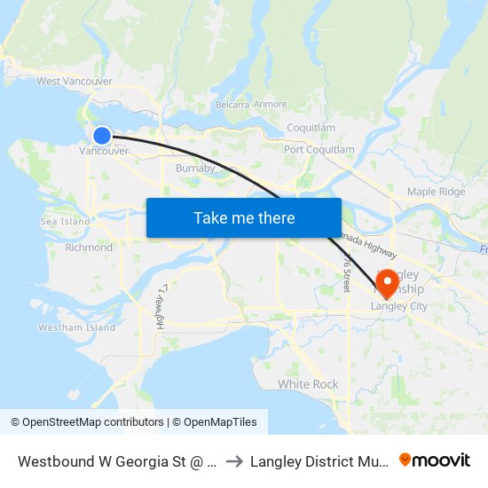 Westbound W Georgia St @ Seymour St to Langley District Municipality map