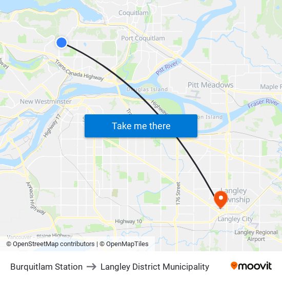 Burquitlam Station to Langley District Municipality map