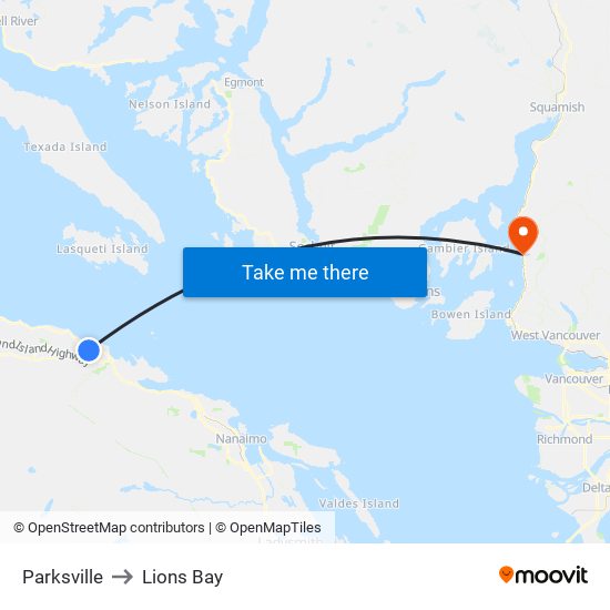 Parksville to Lions Bay map