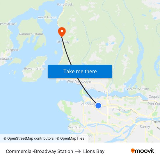 Commercial-Broadway Station to Lions Bay map