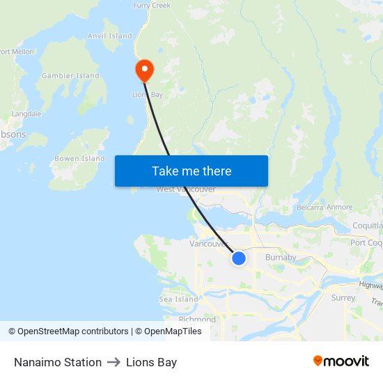 Nanaimo Station to Lions Bay map