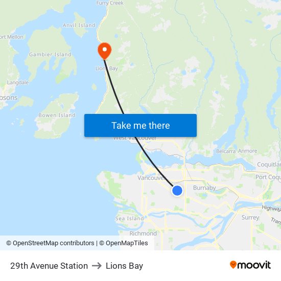 29th Avenue Station to Lions Bay map