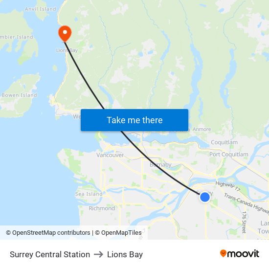 Surrey Central Station to Lions Bay map