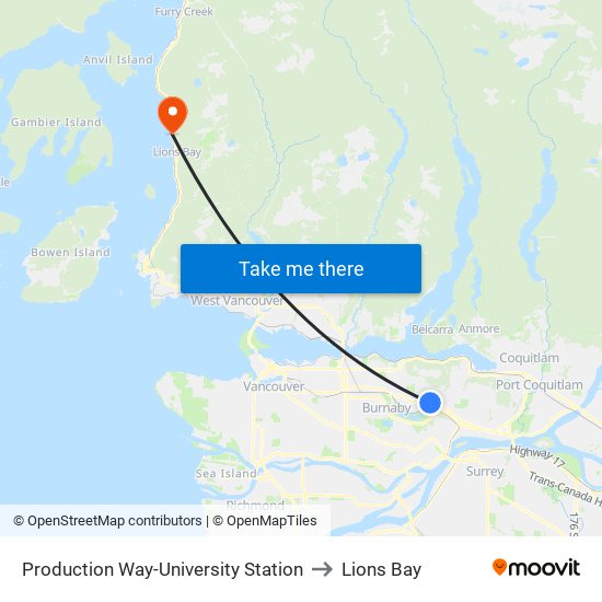 Production Way-University Station to Lions Bay map