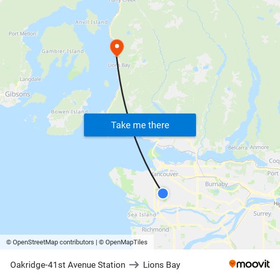 Oakridge-41st Avenue Station to Lions Bay map