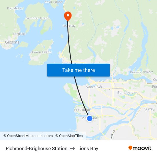 Richmond-Brighouse Station to Lions Bay map