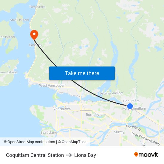 Coquitlam Central Station to Lions Bay map