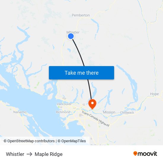 Whistler to Maple Ridge map