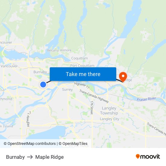 Burnaby to Maple Ridge map