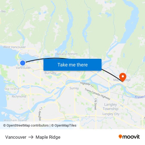 Vancouver to Maple Ridge map