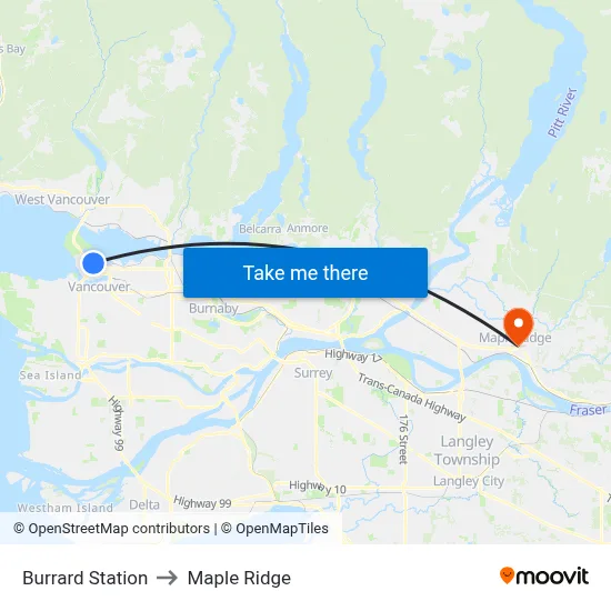 Burrard Station to Maple Ridge map
