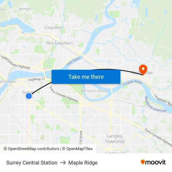 Surrey Central Station to Maple Ridge map
