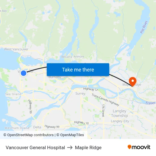 Vancouver General Hospital to Maple Ridge map