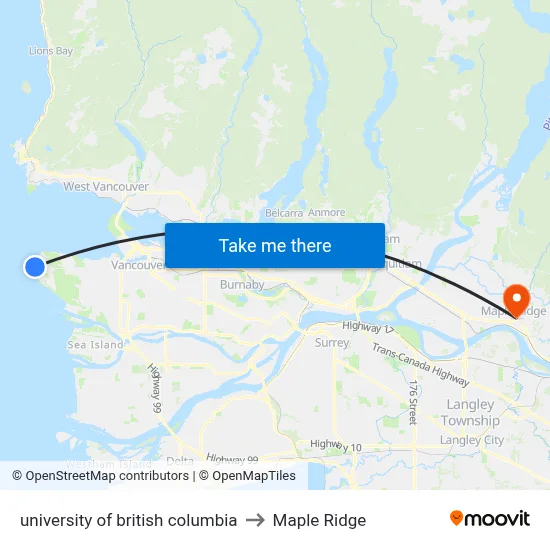 university of british columbia to Maple Ridge map