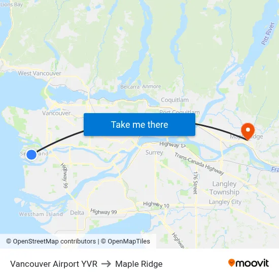 Vancouver Airport YVR to Maple Ridge map