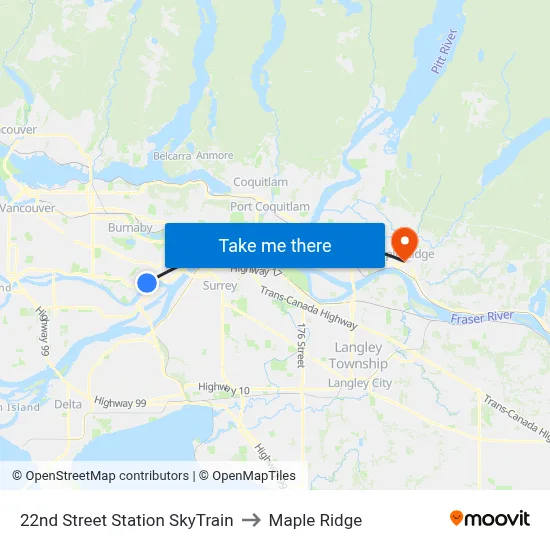 22nd Street Station SkyTrain to Maple Ridge map