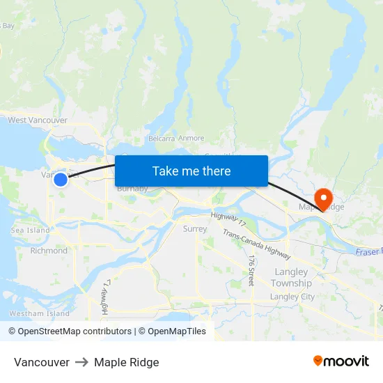 Vancouver to Maple Ridge map