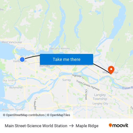 Main Street-Science World Station to Maple Ridge map