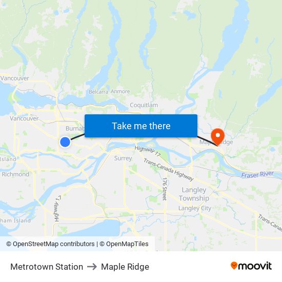 Metrotown Station to Maple Ridge map