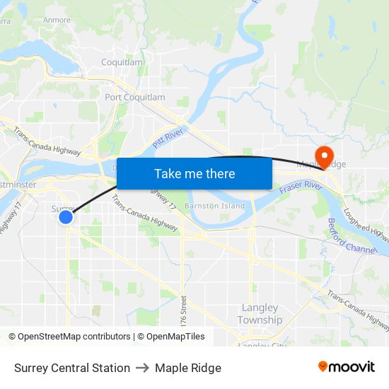 Surrey Central Station to Maple Ridge map