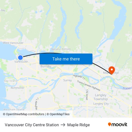 Vancouver City Centre Station to Maple Ridge map