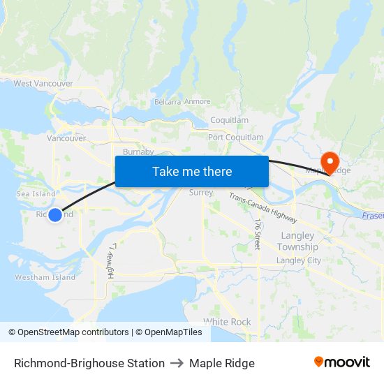 Richmond-Brighouse Station to Maple Ridge map