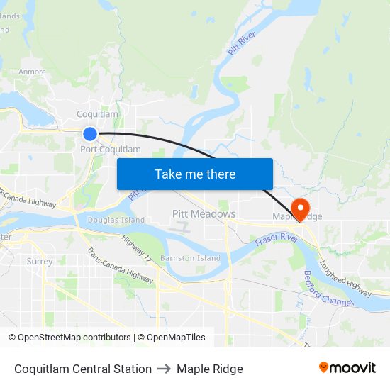 Coquitlam Central Station to Maple Ridge map