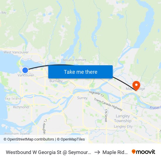 Westbound W Georgia St @ Seymour St to Maple Ridge map