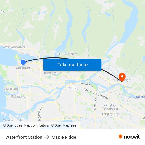 Waterfront Station to Maple Ridge map