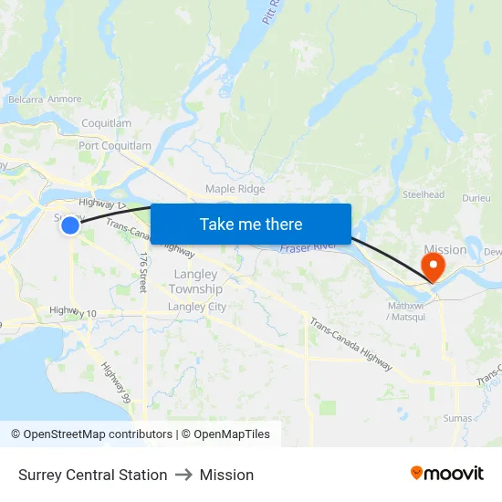 Surrey Central Station to Mission map