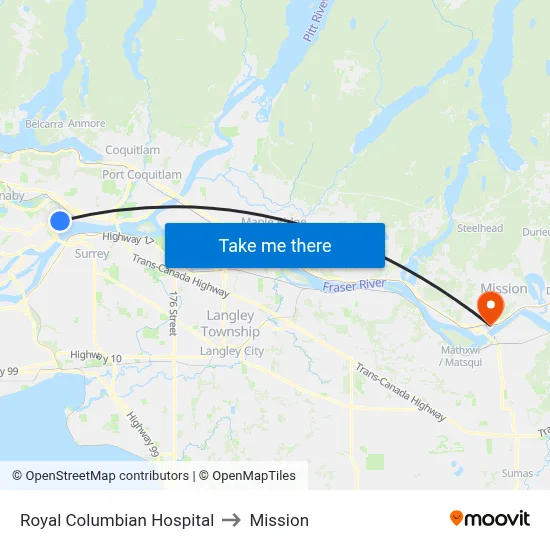 Royal Columbian Hospital to Mission map