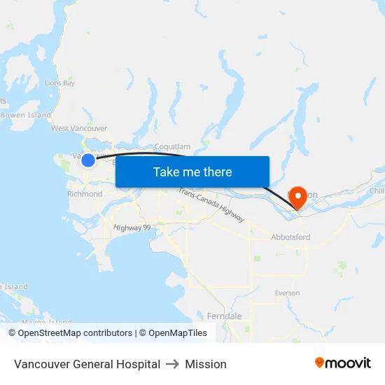 Vancouver General Hospital to Mission map