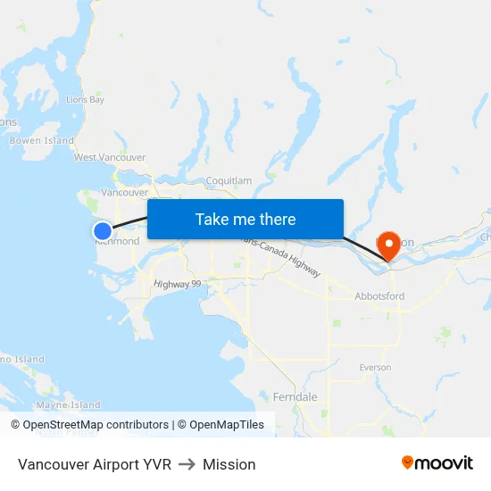 Vancouver Airport YVR to Mission map