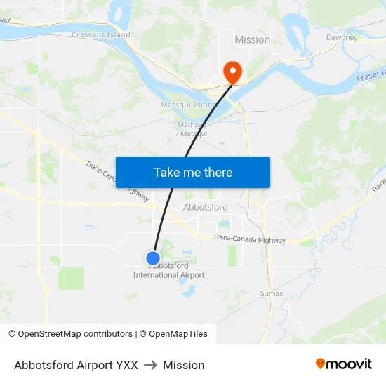 Abbotsford Airport YXX to Mission map
