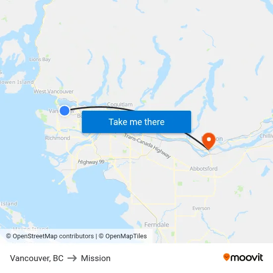 Vancouver, BC to Mission map