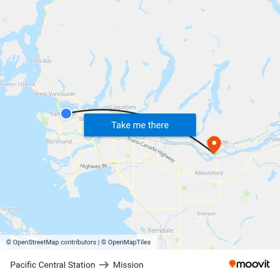 Pacific Central Station to Mission map