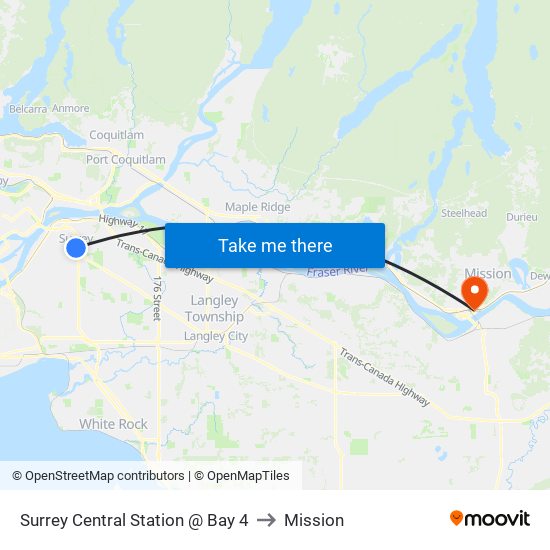 Surrey Central Station @ Bay 4 to Mission map