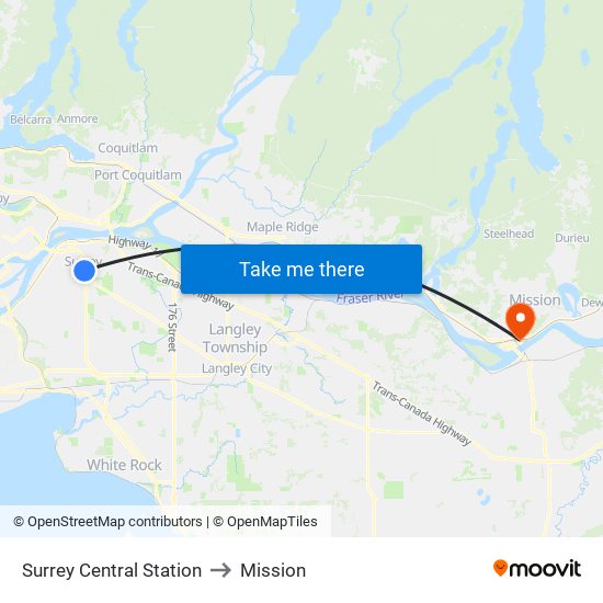 Surrey Central Station to Mission map