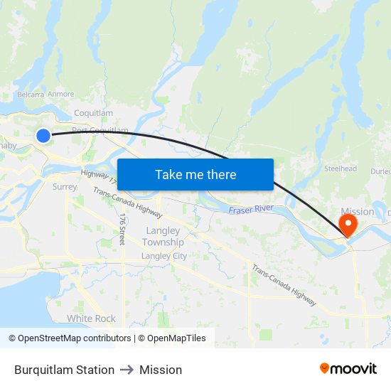 Burquitlam Station to Mission map