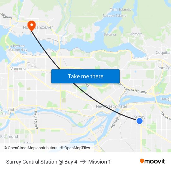 Surrey Central Station @ Bay 4 to Mission 1 map