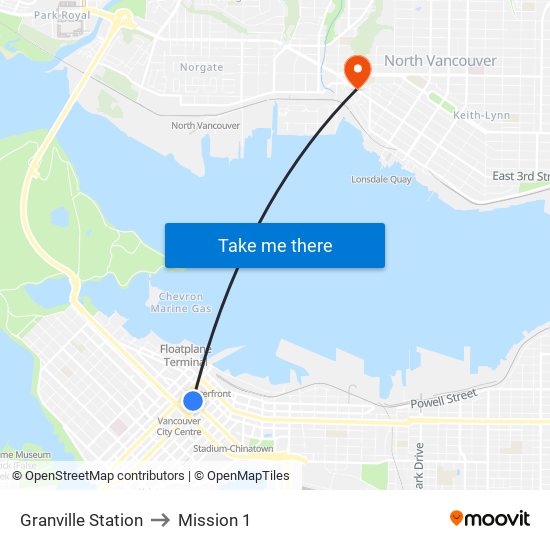 Granville Station to Mission 1 map