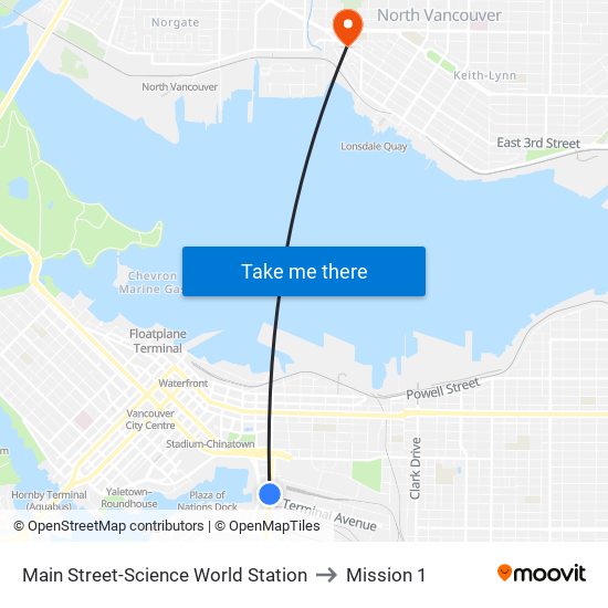 Main Street-Science World Station to Mission 1 map