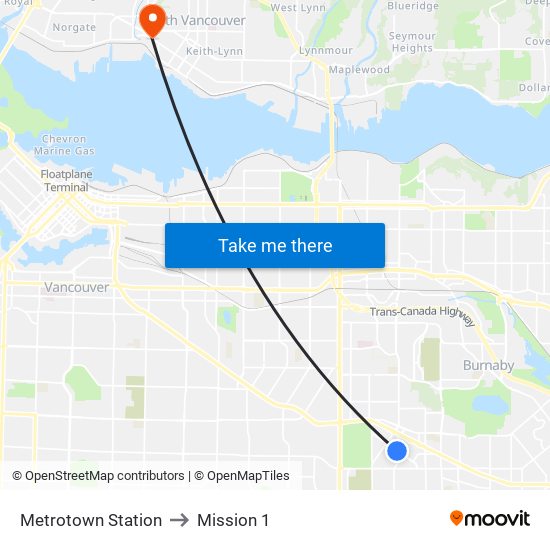 Metrotown Station to Mission 1 map