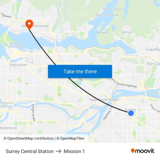 Surrey Central Station to Mission 1 map