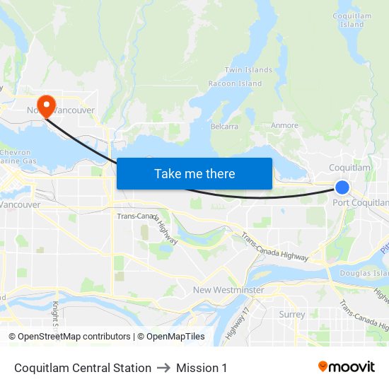 Coquitlam Central Station to Mission 1 map